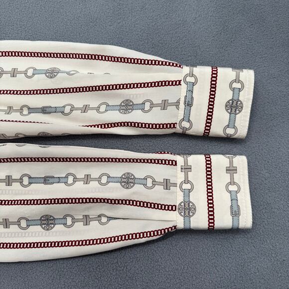 Tory Burch Logo Chain Silk 1/2 Button Down Long Sleeve Top Womens 4 Old Money - Picture 7 of 14